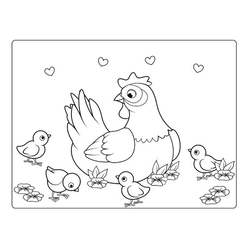Раскраска Мама курочка с цыплятами