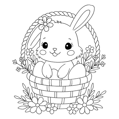 Раскраска Милый кролик в корзинке