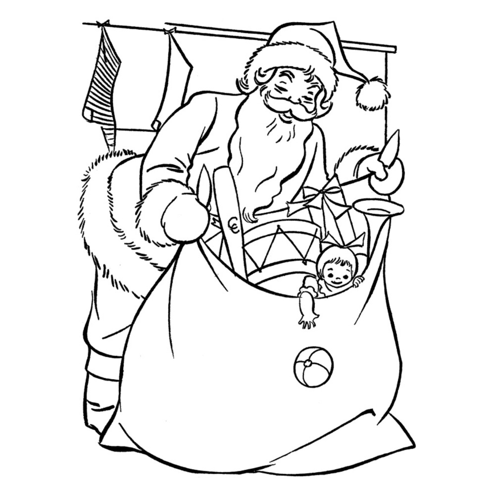 Раскраска дед мороз с мешком подарков для детей распечатать бесплатно