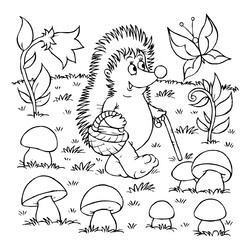Раскраска Ёжик в лесу с грибами