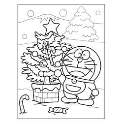 Раскраска Дораэмон с Рождественской елкой