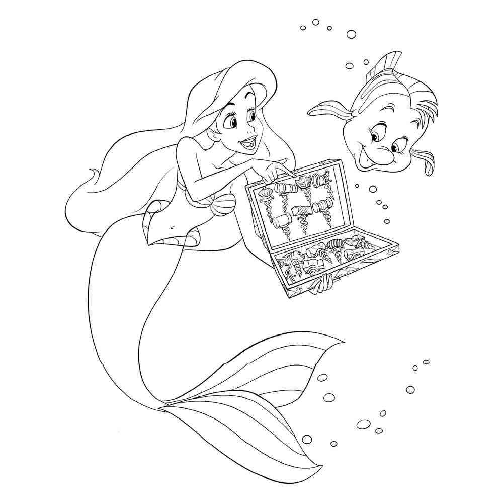 Раскраска Ариэль показывает Флаундеру свои находки распечатать или скачать