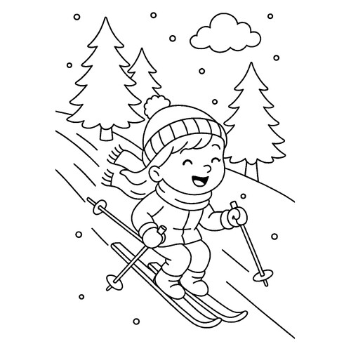 Раскраска Девочка на лыжах в лесу