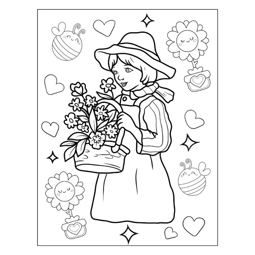 Раскраска Девочка с корзинкой цветов