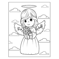 Раскраска Милая девочка ангел с цветами