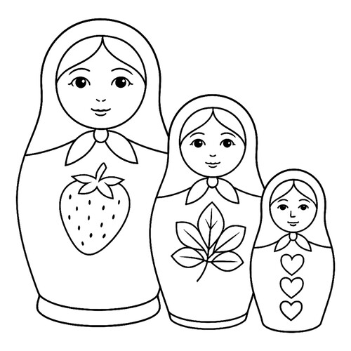 Раскраска Матрёшки с землёничкой, листиком и сердечками