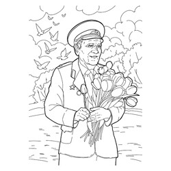 Раскраска Ветеран с букетом цветов на 9 мая