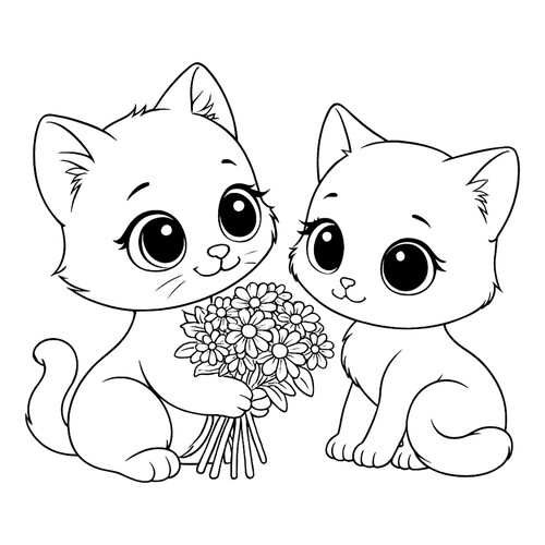 Раскраска Кот дарит цветы кошке
