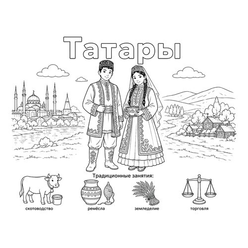 Раскраска Татары в национальных костюмах и их занятия