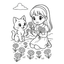 Кот и девочка собирают ромашки