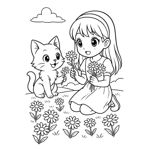 Раскраска Кот и девочка собирают ромашки