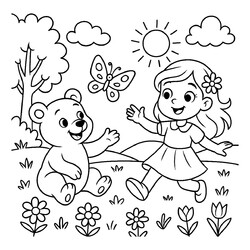 Раскраска Девочка и мишка на поляне