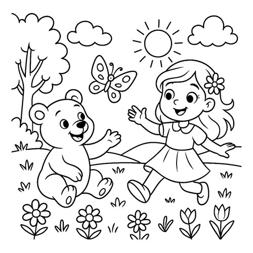 Раскраска Девочка и мишка на поляне
