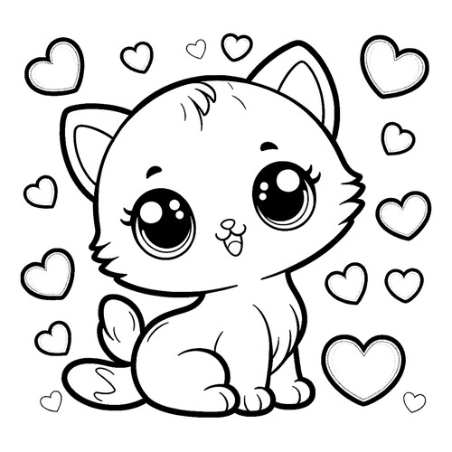 Раскраска Котёнок с сердечками
