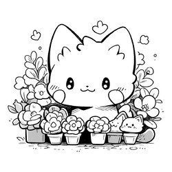 Милый аниме котёнок с цветами в горшочках