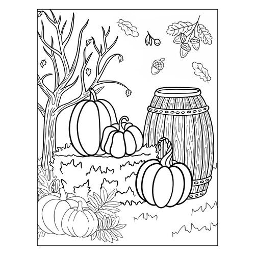 Раскраска Осенняя картина тыквы и деревянной бочки