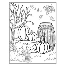 Раскраска Осенняя картина тыквы и деревянной бочки
