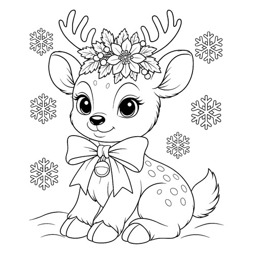 Раскраска Милый оленёнок и снежинки