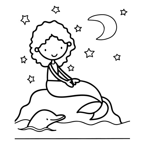 Раскраска Русалка с дельфином и звёздная ночь