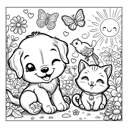 Раскраска Щенок и котёнок, бабочки и солнышко