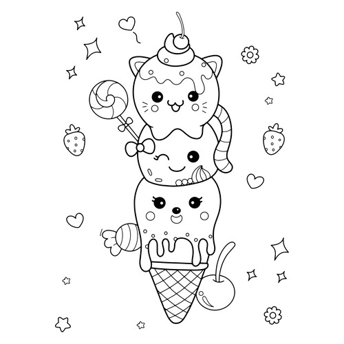 Раскраска Рожок мороженого с тремя шариками котятами