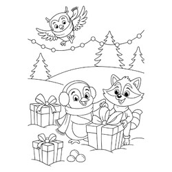 Пингвин, сова и енот с новогодними подарками