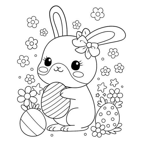Раскраска Пасхальный кролик с яйцами и цветами