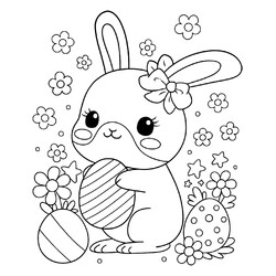 Раскраска Пасхальный кролик с яйцами и цветами