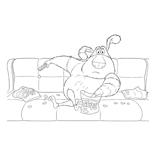 Раскраска Финник на диване ест чипсы