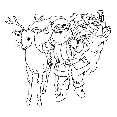 Раскраска Дед Мороз с оленем и мешком подарков