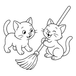 Два котенка играют с метлой