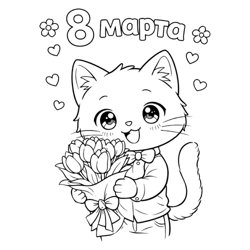 Раскраска Котёнок с букетом на 8 марта