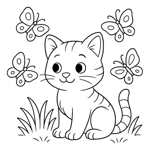 Раскраска Котенок и бабочки