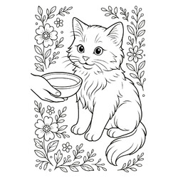 Котёнок в цветах и миска молока