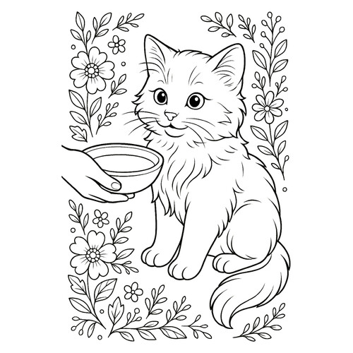 Раскраска Котёнок в цветах и миска молока