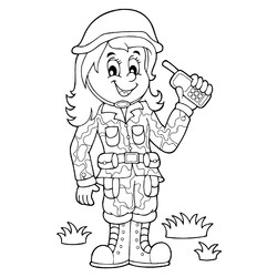 Раскраска Девушка солдат с рацией