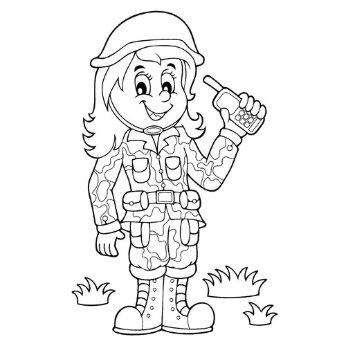 Раскраска Девушка солдат с рацией