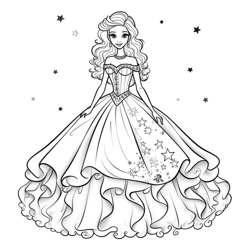 Раскраска Принцесса в платье со звёздами