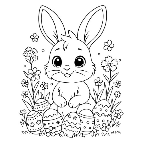 Раскраска Милый зайчик в кустах с пасхальными яйцами