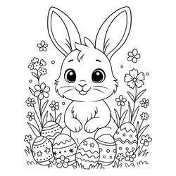 Раскраска Милый зайчик в кустах с пасхальными яйцами