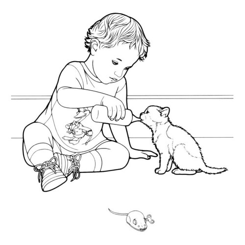 Раскраска Мальчик поит котёнка молоком