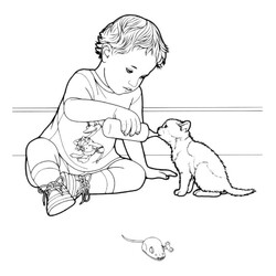 Раскраска Мальчик поит котёнка молоком