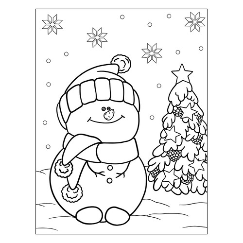 Раскраска Снеговик сидит рядом с ёлкой