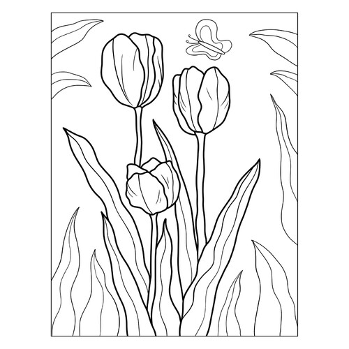 Раскраска Три тюльпана в клумбе
