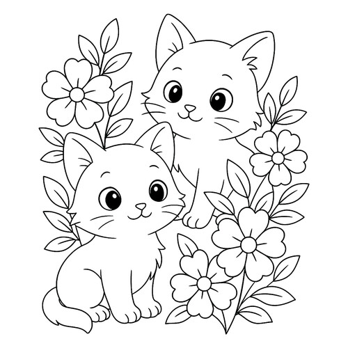 Раскраска Котята и цветы
