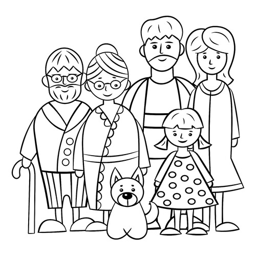 Раскраска Бабушка, дедушка, мама, папа и их дочь