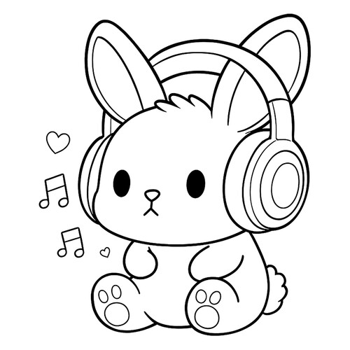 Раскраска Чиби кролик в наушниках