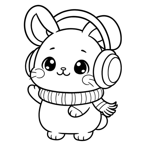 Раскраска Аниме кролик в наушниках и шарфе