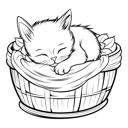 Раскраска Милый котёнок спит в корзинке