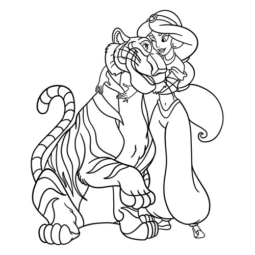 Раскраска Принцесса Жасмин обнимает тигра